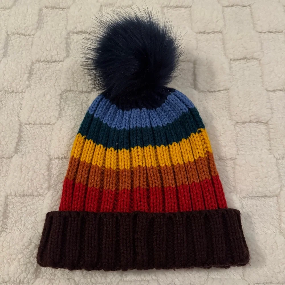 Garage Colorful Striped Rainbow Pom-Pom Knit Beanie, Adult OS